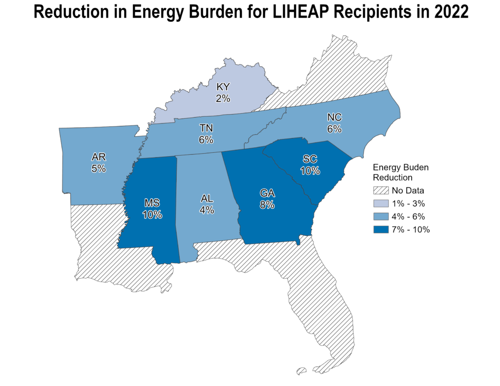 Reduction in Energy Burden for LIHEAP Recipients in 2022. Percentages range from 2% to 10%.